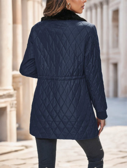 Women's Casual Winter Padded Coat – Contrast-Color Design with Fur Collar & Drawstring Waist