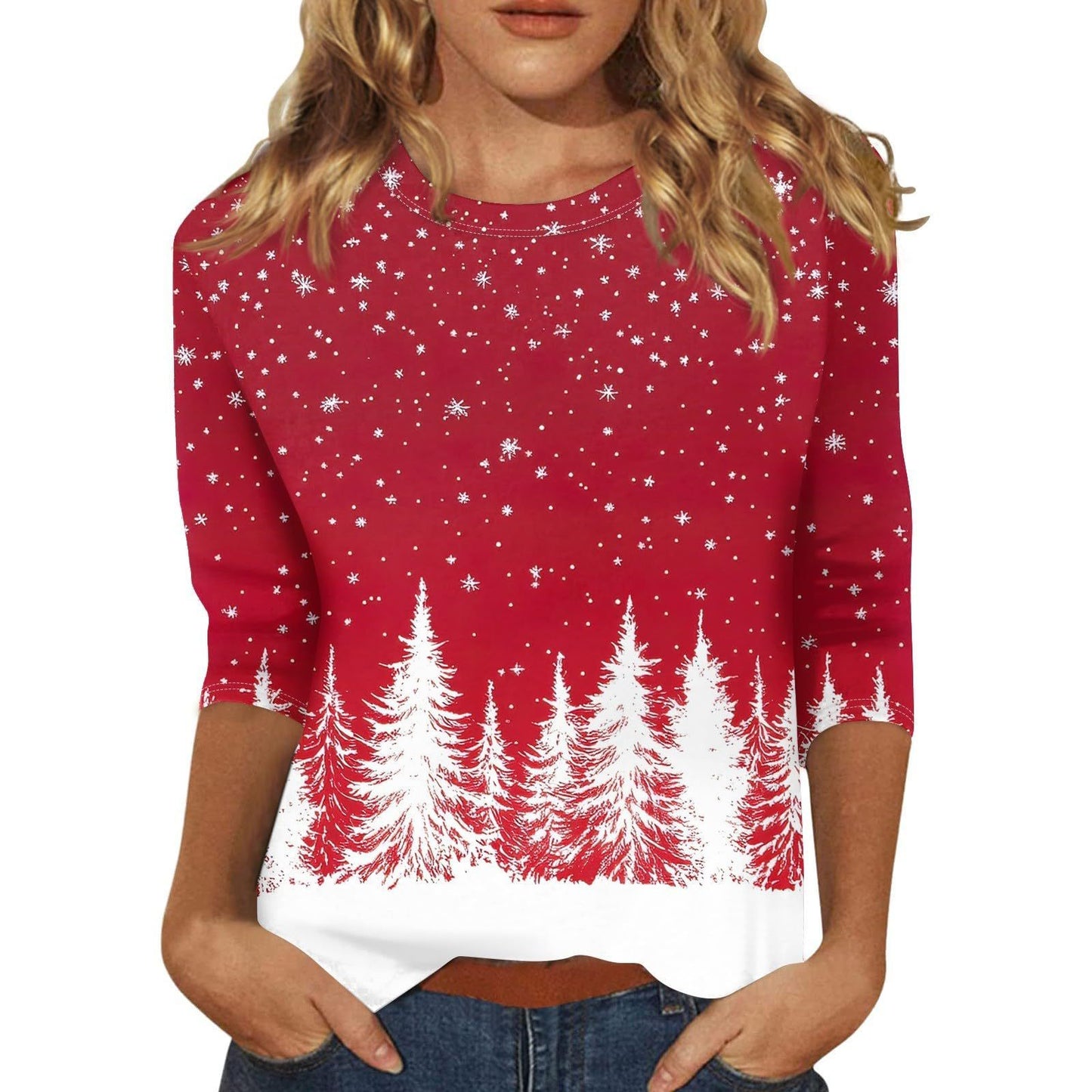 Women's Christmas T-Shirt – Festive 3/4 Sleeve Round Neck Holiday Top