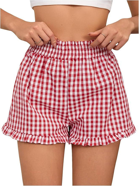 Women's Plaid Patchwork Button-Front Shorts – Elastic Waist Casual Summer Bottoms