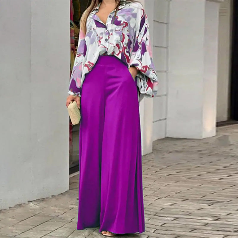 Women's Casual Printed Shirt & Wide Leg Pants Set – Loose Fit Elegant 2-Piece Fashion Outfit
