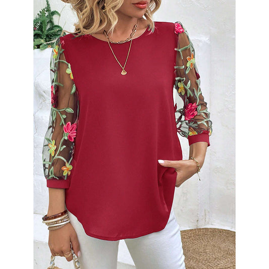 Women’s Floral Embroidered Mesh Puff Sleeve Crew Neck Tee Top