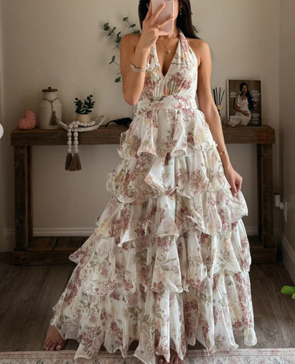 Women's V-Neck Strappy Multi-Layer Dress – Elegant Fashion Summer Outfit