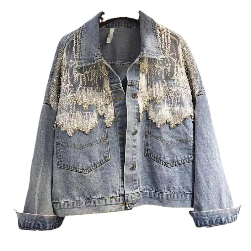 Women's Loose Denim Jacket with Beaded Diamond Splice – Stylish Grenadine Mesh Patchwork Jean Coat