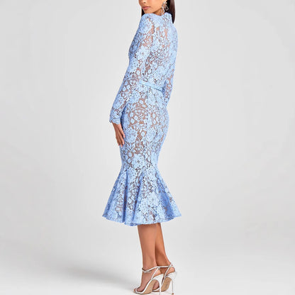Women's Slim Fit Fishtail Lace Dress – Sheer Long Sleeve Belted Hollow-Out Evening Gown