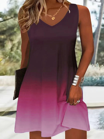 Women's Sleeveless Gradient Color Strap Dress – V-Neck Printed Casual Summer Dress