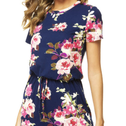 Ladies' Round Neck Floral Print Elegant Drawstring Slanted Pocket Detail Dress