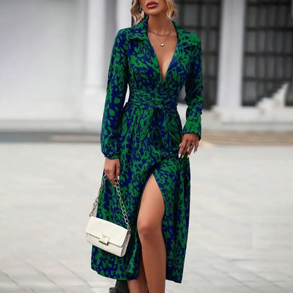 Women's Leopard Print Belted Dress - V-Neck Button Detail Slit Maxi Dress for Spring/Fall