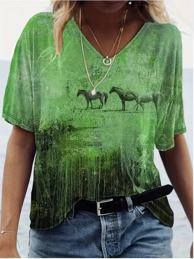 Women's V-Neck Short Sleeve T-Shirt – Comfortable Fashion Tee with Animal & Plant Print