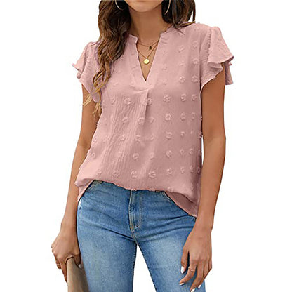 Women's Summer V-Neck Ruffle Short Sleeve Blouse – Business & Casual Office Top