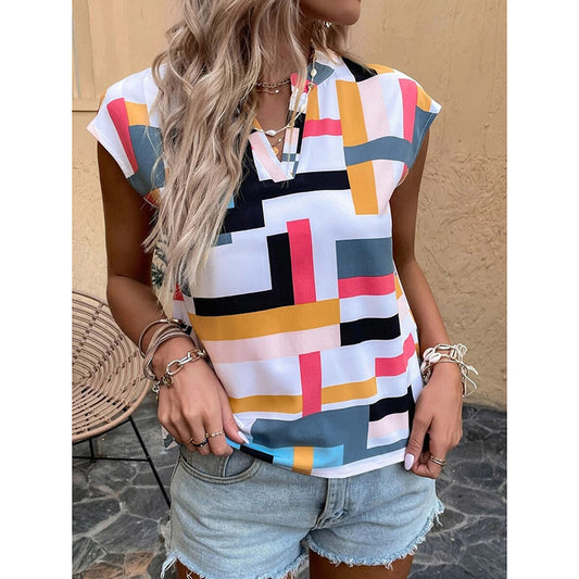 Women's Geometric Print V-Neck T-Shirt – Dressy Casual Cap Sleeve Summer Top
