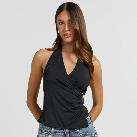 Women’s V-Neck Sleeveless Pleated Crop Top – Navel-Length Suspender Style