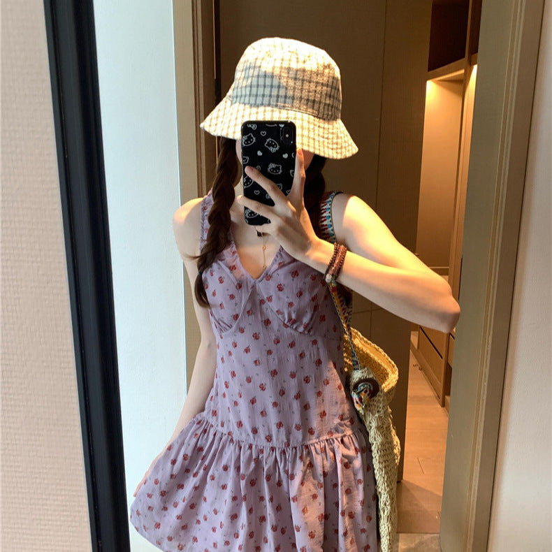 French Style V-neck Sling Dress Summer Waist-controlled Skirt