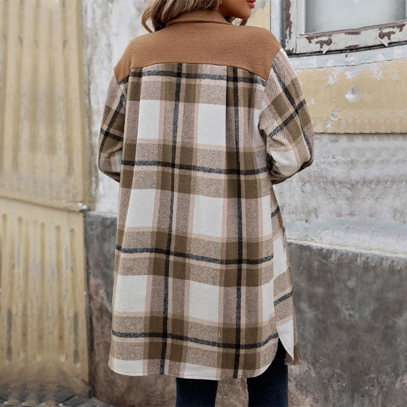 New Brushed Plaid Long Coat with Pockets – Cozy Elegance for Winter Days