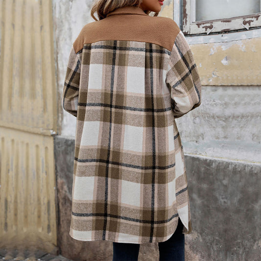 New Brushed Plaid Long Coat with Pockets – Cozy Elegance for Winter Days