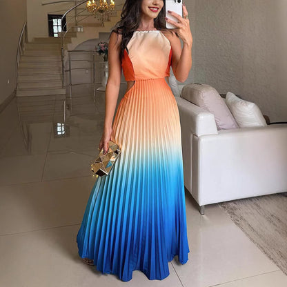 Women's Sleeveless Gradient Color Dress – European & American Style Backless Pleated Summer Maxi Dress