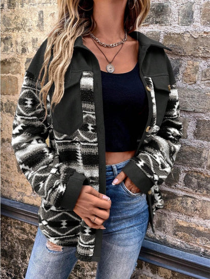 Women's Geometric Pattern Drop Shoulder Coat – Flap Pocket Casual Jacket