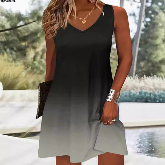 Women's Sleeveless Gradient Color Strap Dress – V-Neck Printed Casual Summer Dress