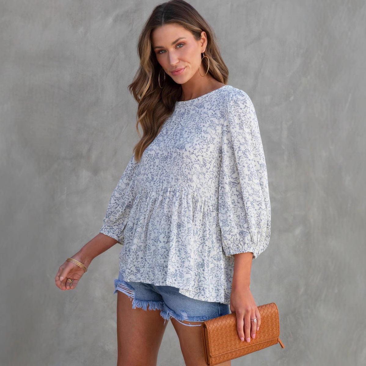 Women's Loose Floral Print Top – Lantern Short Sleeve Casual Summer Blouse