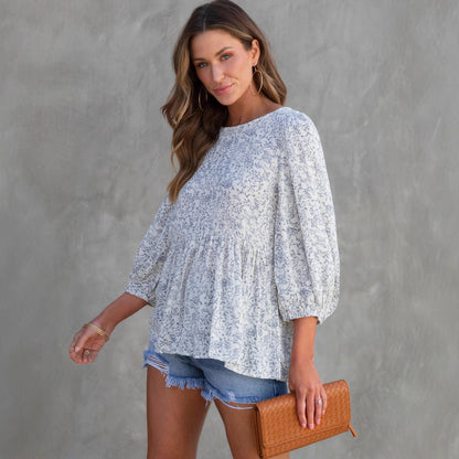 Women's Loose Floral Print Top – Lantern Short Sleeve Casual Summer Blouse