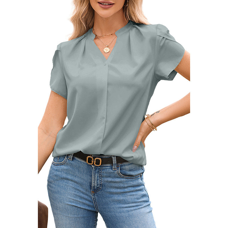 Women's Solid Color V-Neck Chiffon Blouse – Dressy Pullover Top