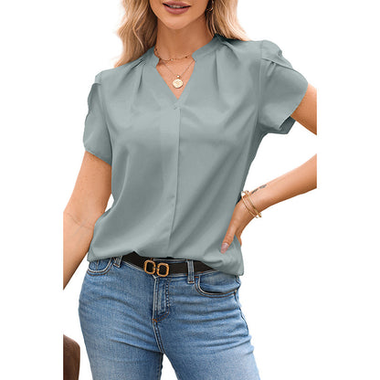 Women's Solid Color V-Neck Chiffon Blouse – Dressy Pullover Top