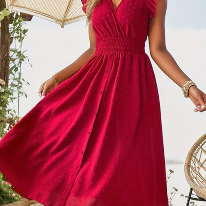 Women's Elegant V-Neck Maxi Dress – Summer Short Sleeve Dress with Ruffled Sleeves
