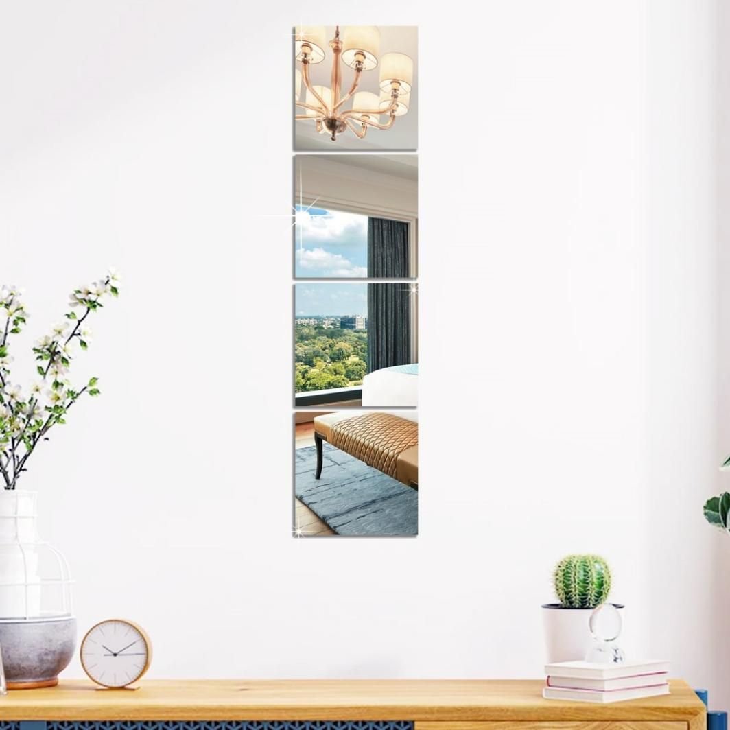 4-Piece Big Square 3D Acrylic Mirror Wall Sticker Set – Silver Decorative Self-Adhesive Mirror Panels for Home &amp; Office