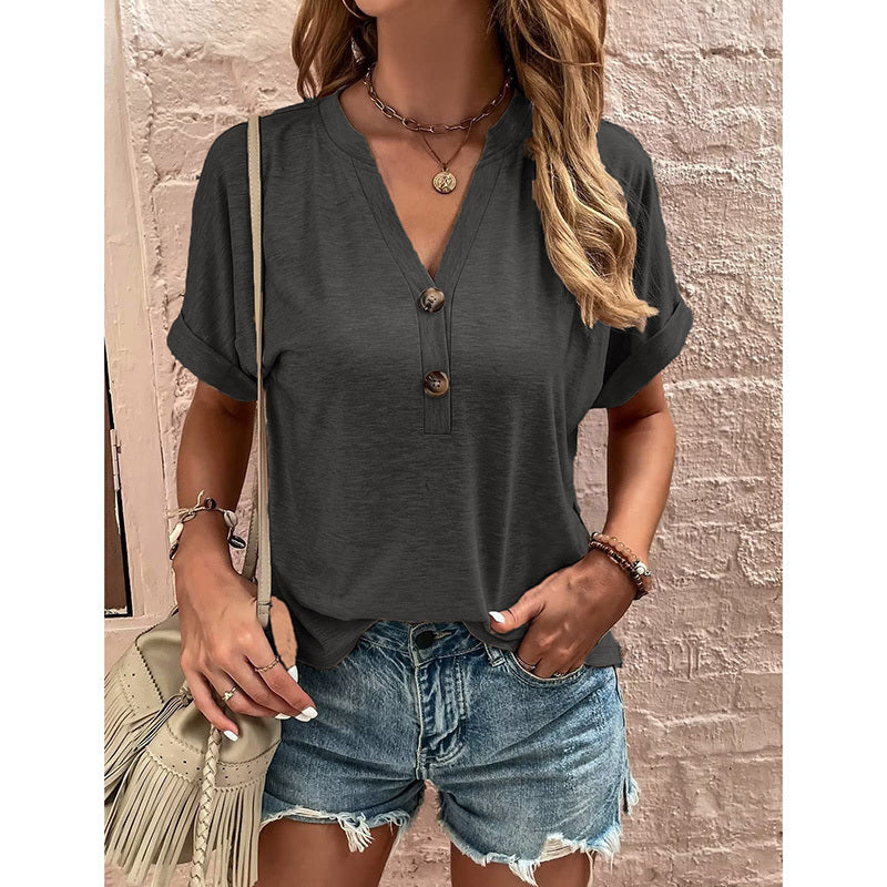Women's Summer Short Sleeve Button-Down Shirt - V-Neck Business Casual Tunic Top
