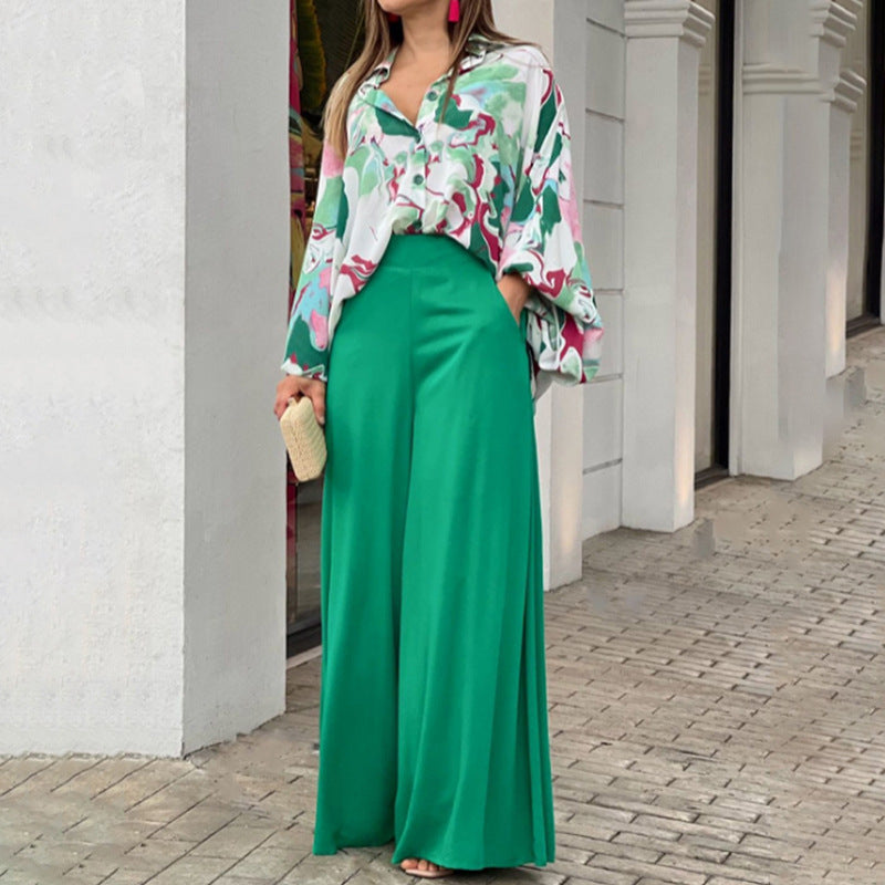 Women's Casual Printed Shirt & Wide Leg Pants Set – Loose Fit Elegant 2-Piece Fashion Outfit