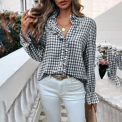 Women's French Style Plaid Shirt - Elegant Checkered Button-Up with Ruffled Cuffs & Stand Collar