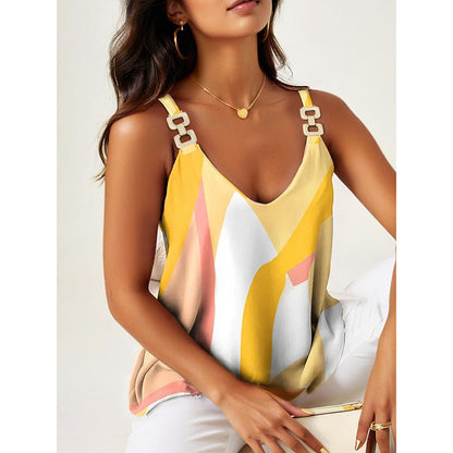 Summer Tank Tops For Women V Neck Chain Straps Sleeveless Top Loose Fit Casual Stripe Shirts Blouse