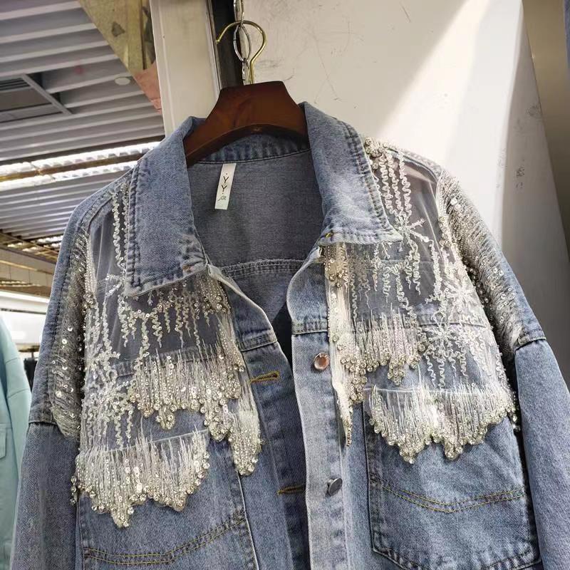 Women's Loose Denim Jacket with Beaded Diamond Splice – Stylish Grenadine Mesh Patchwork Jean Coat