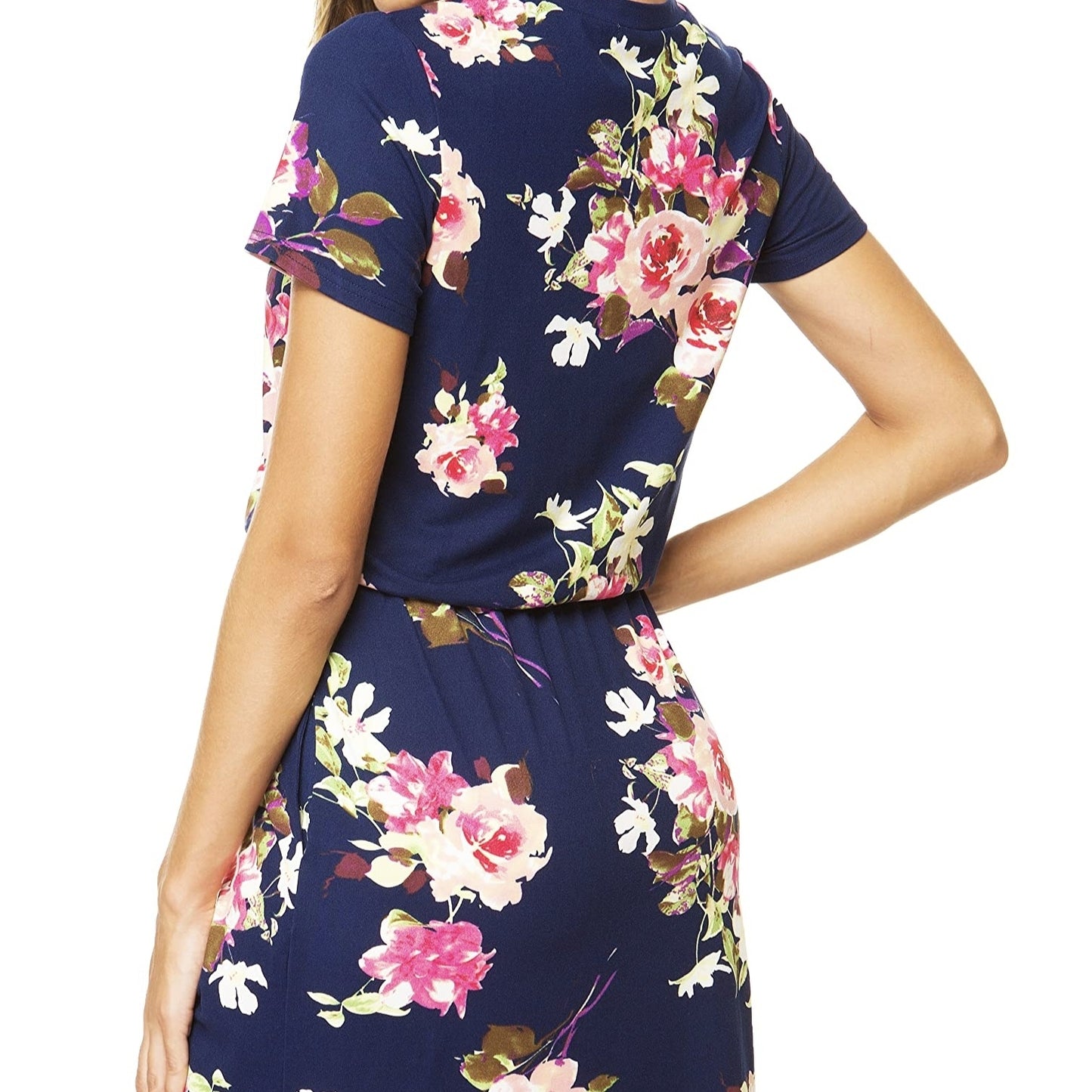 Ladies' Round Neck Floral Print Elegant Drawstring Slanted Pocket Detail Dress