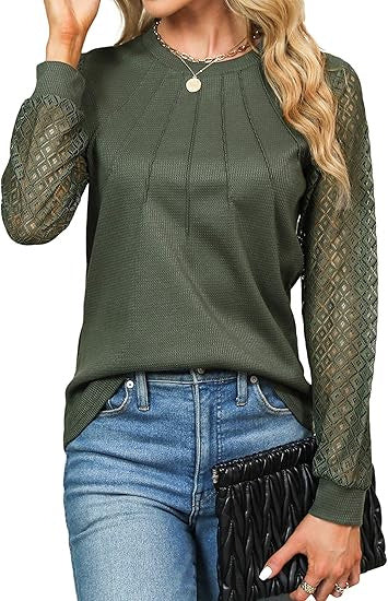 Women's Lace Trim Knitted Shirt – Casual Autumn Long Sleeve Top