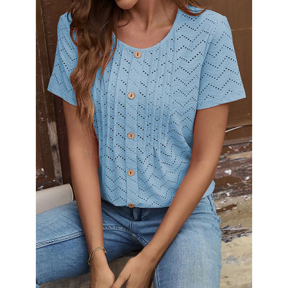 Women's Summer Pleated Button Short Sleeve T-Shirt Summer Crew Neck Solid Color Casual Top