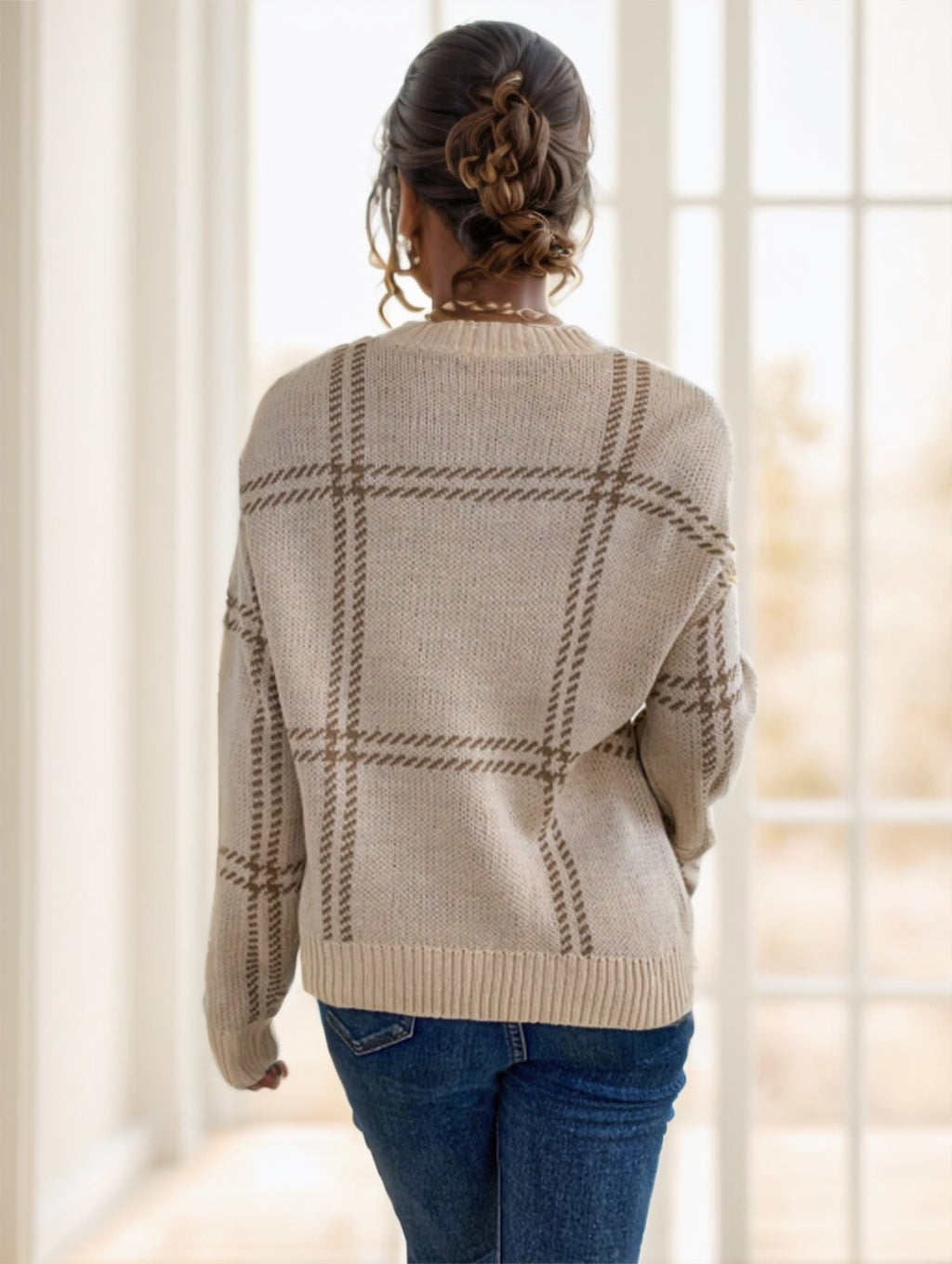 Plaid Pattern Drop Shoulder Sweater Long Sleeve Tops