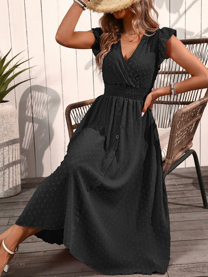 Women's Elegant V-Neck Maxi Dress – Summer Short Sleeve Dress with Ruffled Sleeves