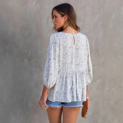 Women's Loose Floral Print Top – Lantern Short Sleeve Casual Summer Blouse