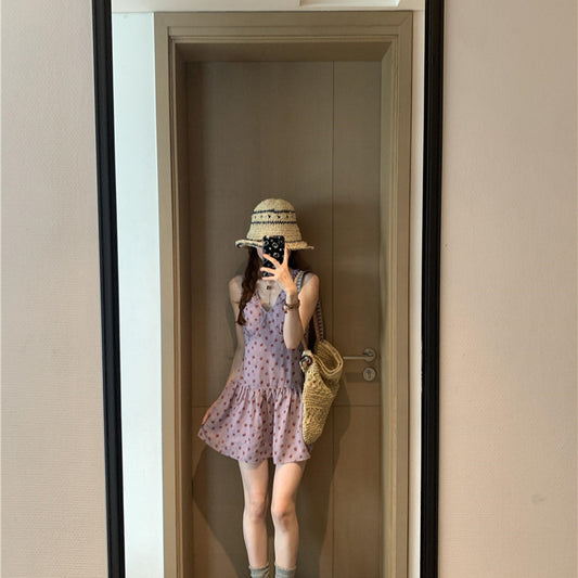 French Style V-neck Sling Dress Summer Waist-controlled Skirt