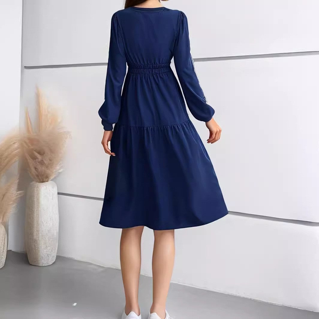 Women's V-Neck Long Sleeve Waist Dress – Solid Color Elegant Midi Dress