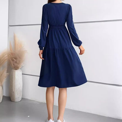 Women's V-Neck Long Sleeve Waist Dress – Solid Color Elegant Midi Dress