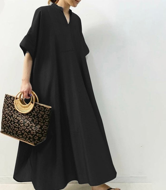 Women's Solid Color Long Dress – Half Sleeve Elegant Maxi Dress for Casual & Formal Wear