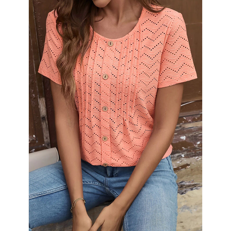 Women's Summer Pleated Button Short Sleeve T-Shirt Summer Crew Neck Solid Color Casual Top