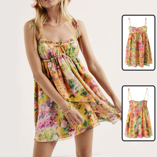 Y2K Floral Print Suspender Dress – Summer Vibes with Ruffled Charm