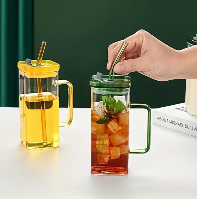 Square Glass with Lid and Straw – Elegant Durable Glass Tumbler for Drinks, Events &amp; Everyday Use