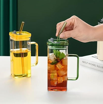 Square Glass with Lid and Straw – Elegant Durable Glass Tumbler for Drinks, Events &amp; Everyday Use