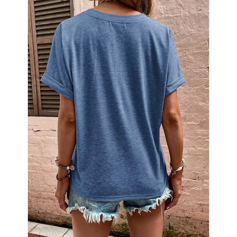 Women's Summer Short Sleeve Button-Down Shirt - V-Neck Business Casual Tunic Top