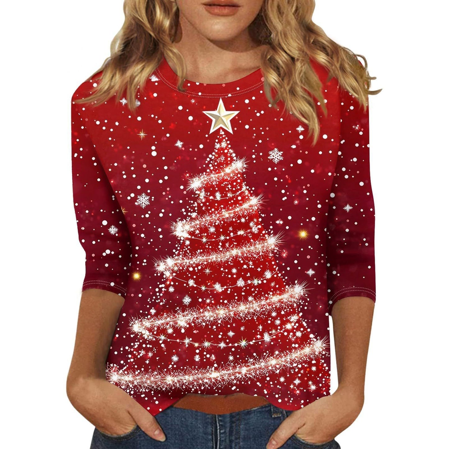 Women's Christmas T-Shirt – Festive 3/4 Sleeve Round Neck Holiday Top