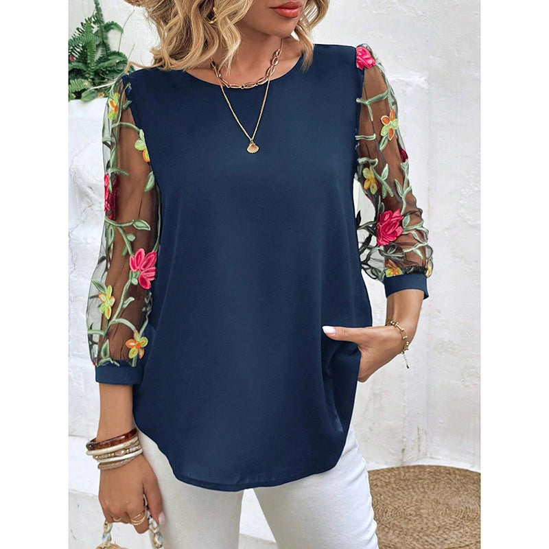 Women’s Floral Embroidered Mesh Puff Sleeve Crew Neck Tee Top