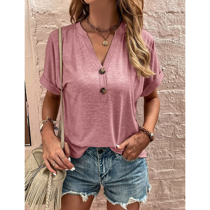 Women's Summer Short Sleeve Button-Down Shirt - V-Neck Business Casual Tunic Top